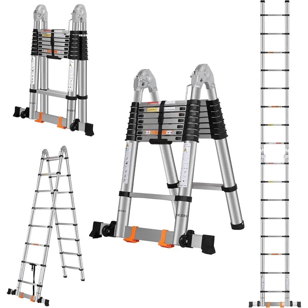 

A e Telescoping Ladders 16.5 T StainlSteel,Ladder 330lbs acity Compact Ladder with Balance Bar and Movable Wheels,Multi-pose Col