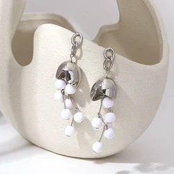 AENSOA Unique Design Metal Bell Orchid Long Tassel Earrings for Women White Black Acrylic Beaded Drop Earrings Trendy Jewelry