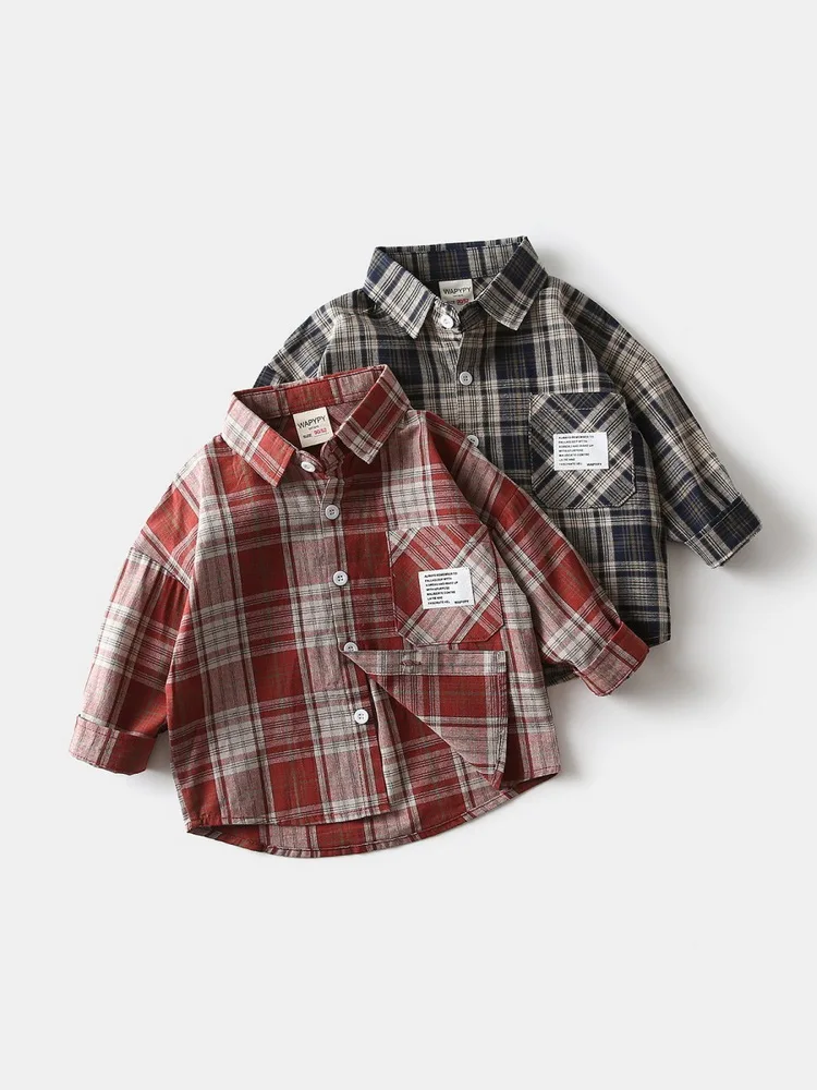 

Little Boy Plaid Shirt Chest Pocket Stand Collar Long Sleeve Front Button-up Tops Spring Fall Gentleman Clothes 2-8 Years