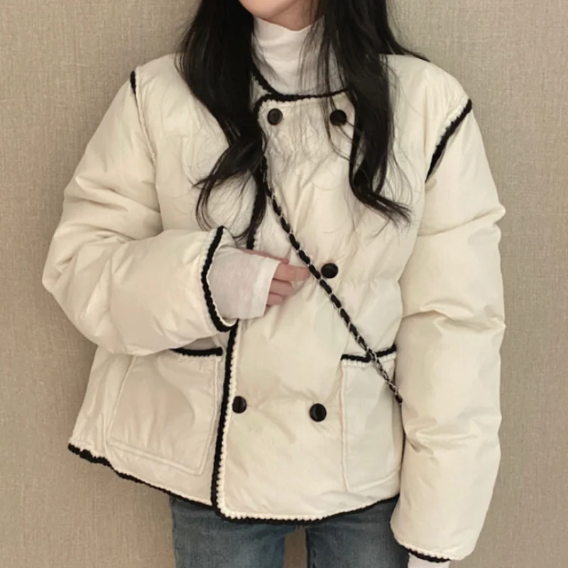 

Women's Thiened Loose Cotton Jaet Korean Sle Chic Double Row Button Color Blo Knitted Lace Patchwork Small Fraance ...