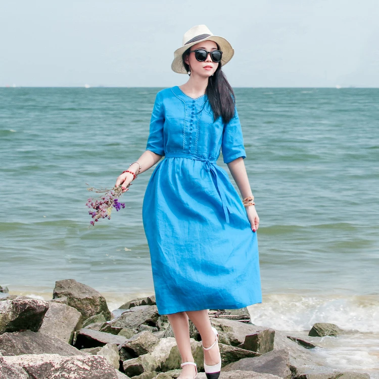 

Bohemian Pure Linen Midi Dress Fairy Tale Beach Gown Original Artistic V-Neck Sleeveless Gored Skirt with Pockets for Women
