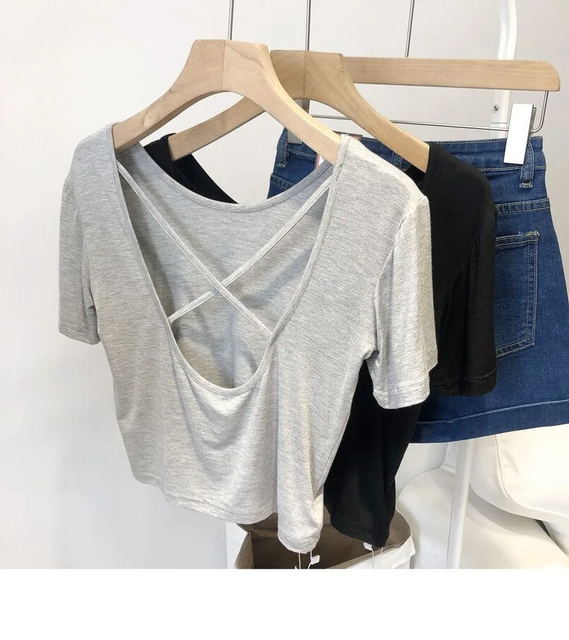 Korean Fashion Cross Backless T-shirt Women Crop Tops Sexy Slim Vintage Tees Shirts Summer Y2K Kpop Cheap Clothes Woman Tshirt