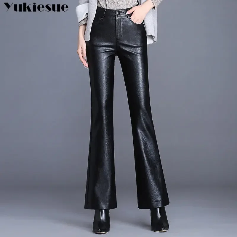 

Pants Women Autumn Spring Female Pantalon Femme Vintage Faux Leather Slim High Waist Casual Ladies flare Pants Woman Trousers