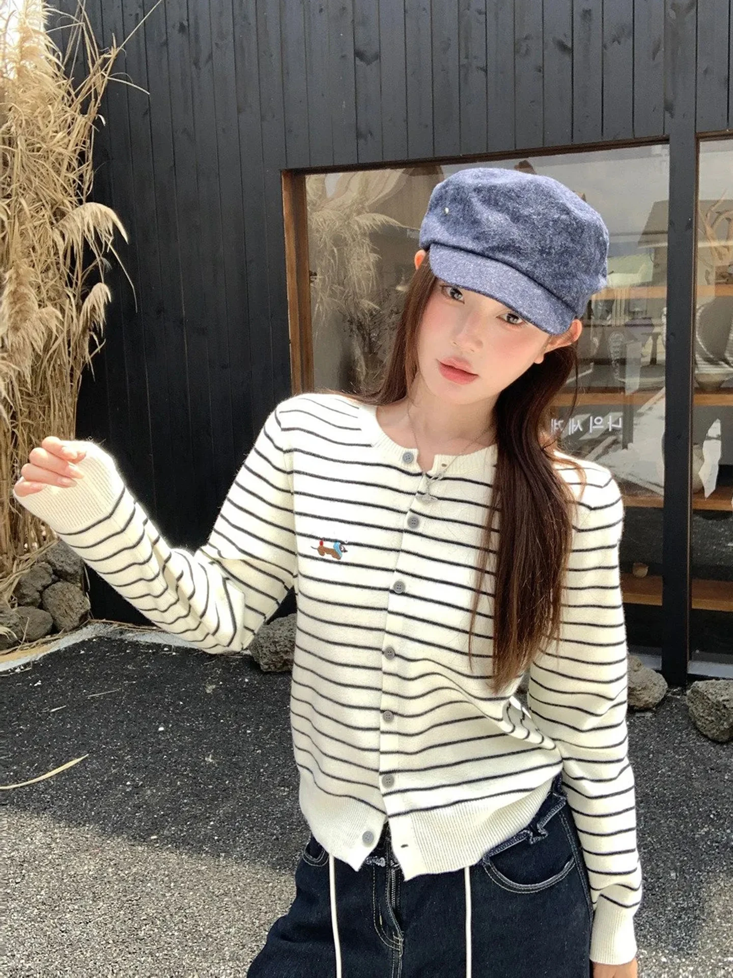 

Корейский мягкий вязаный свитер в полоску для женщин, весенний новый дизайн, с вышивкой в виде таксы, универсальный свитер Jaet