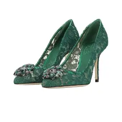 Décolleté in pizzo verde Crystal Decor Slip on Solid scarpe con tacco sottile per le donne tacchi alti a punta moda 2023 Zapatos Para Mujere