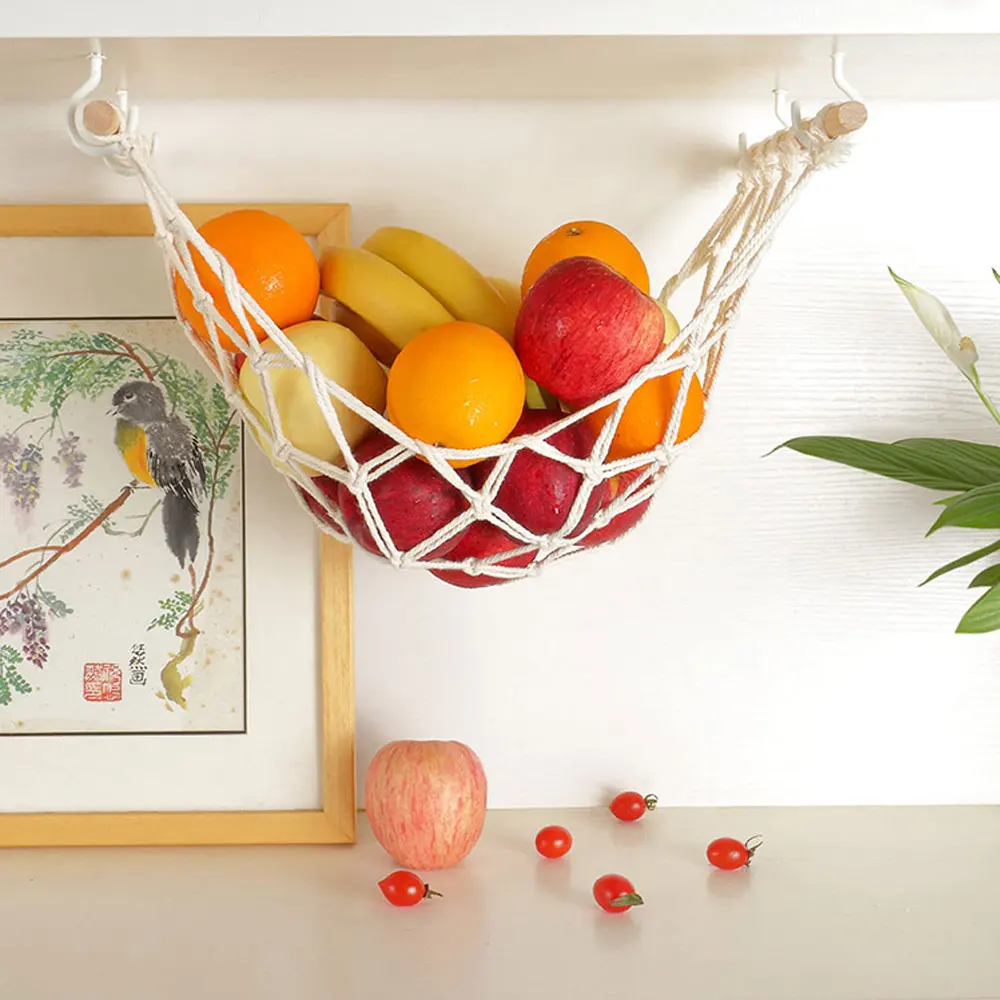 Under Cabinet Fruit Hammock Boho Woven Hanging Vegetable Hammock Household Hanging Kitchen Storage Basket Organizer