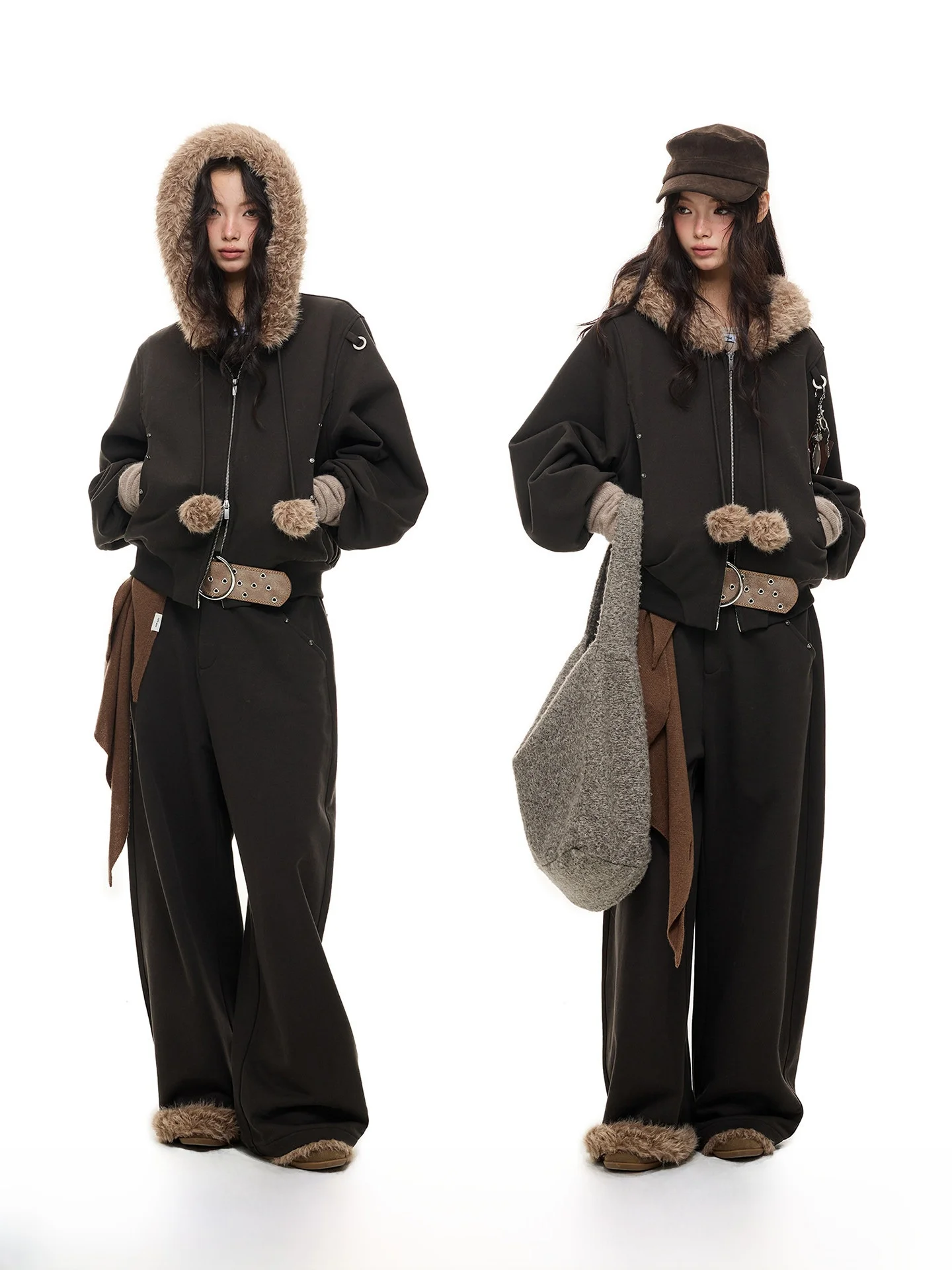 

Комплект JIKOO: Ретро-куртка с капюшоном и воротником из искусственного меха, а также повседневные брюки. Модный комплект из хлопка с застежкой-молнией, свободный крой.