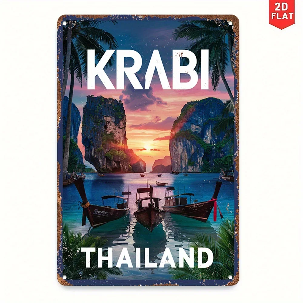 Póster Metálico de Pared con Diseño de Paisaje Tropical de Krabi, Tailandia, 2D, Plano, 1 Pieza - Decoración de Póster de Viaje Vintage con Diseño de Barco y Acantilado