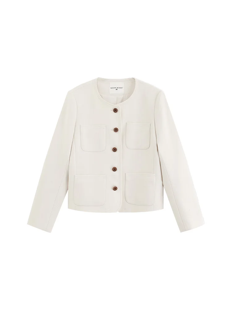 Elegant Retro Casual Contrast Trim Round Neck Jacket Short Cropped Blazer Women Vintage Chic Slim Fit Single Breasted Coat Top