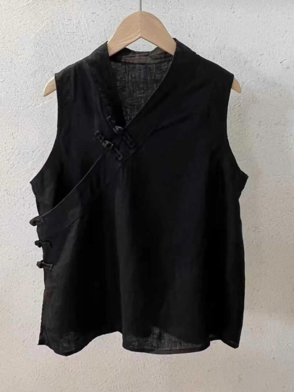 Retro Chinese Style Buttonless Sleeveless Loose V-Neck Linen Wrap Top Versatile Minimalist Summer New Arrival Women's Vest