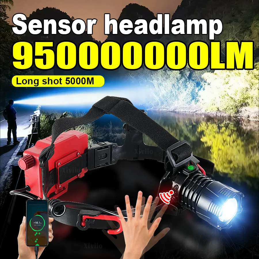 

950000000LM Ultra Bright Headlamps LED Head Flashlights Long Range 5000M Fishing Hunting Work Head Torch Rechargeable Headlights