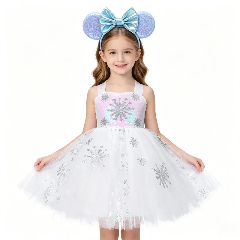 Theeper Halloween White Girls Sweet Sparkly Snow Printed Princess Dresses for Kids Christmas Ballet Tutu Outfit with Hairband
