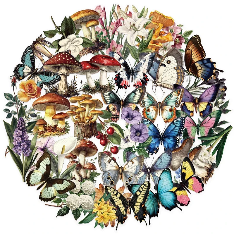 50PCS Butterfly Stickers with Colorful Flowers & Mushroom, Waterproof Vinyl Decals for Laptop, Scrapbooking, Luggage