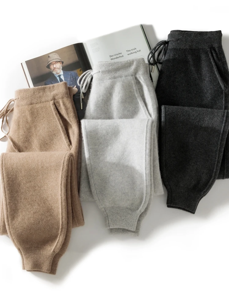 High Quality 100 Cashmere Kint Small Leg Pants Autumn Winter Men's Sweatpants Solid Casual Versatile Thick Ankle-Length Trousers