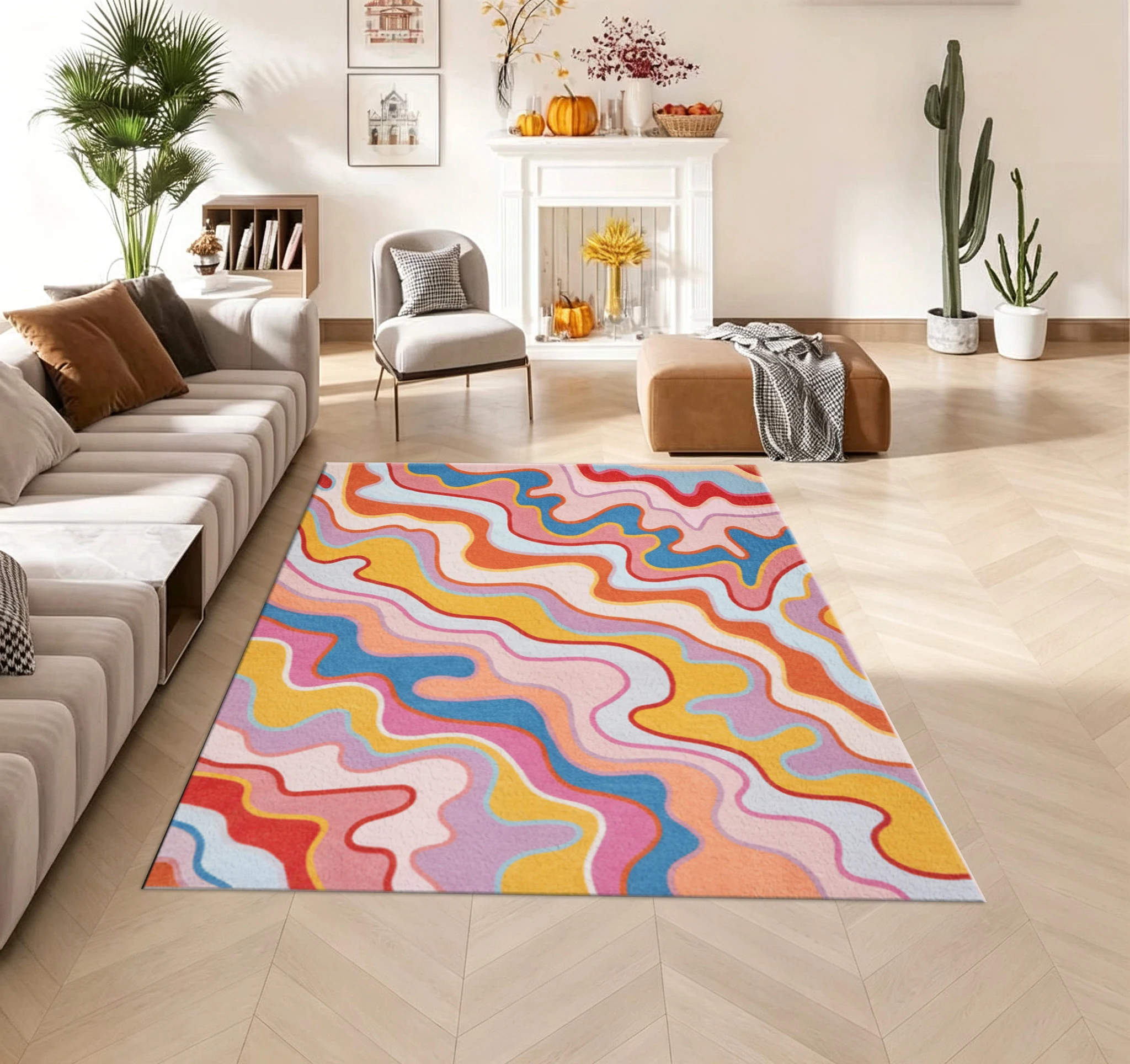 Colorful Wave Vortex Abstract Print Carpet Retro Wave-Shaped Floor Mat Home Carpet