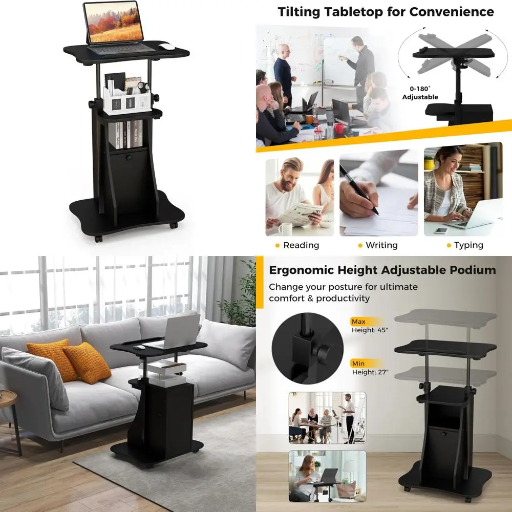 

Sit-Stand Laptop Cart with Adjustable Height, Tilting Tabletop, Lockable Wheels, and Storage Cabinet for Mobile Office Use
