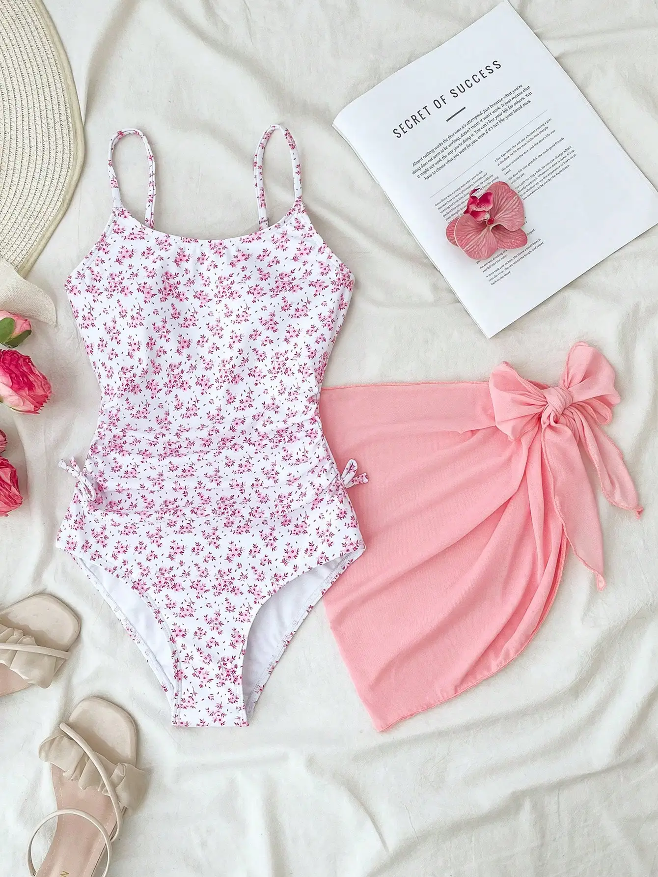 

Floral Print One-Piece Swimsuit With Pink Bow Cover-Up Skirt