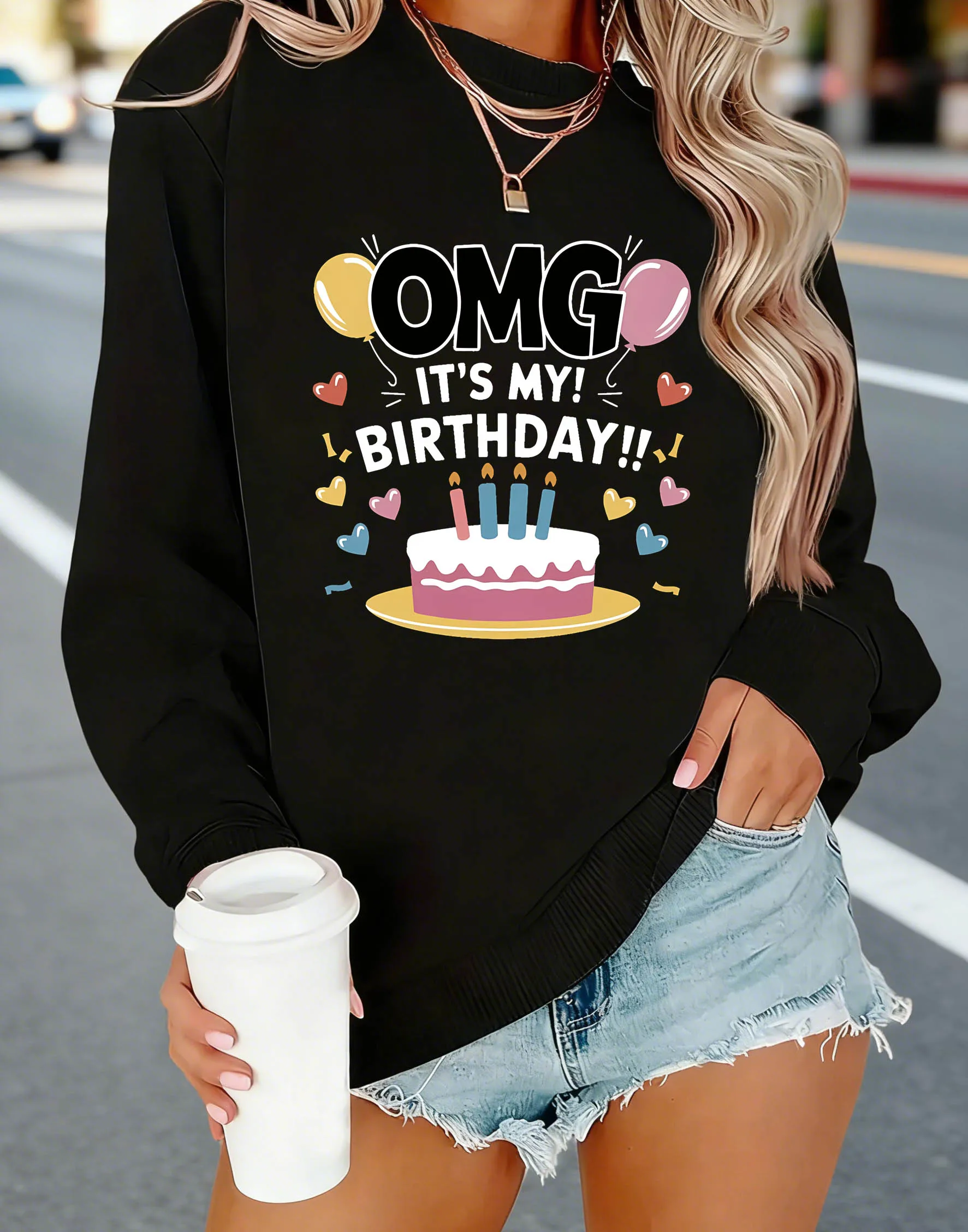 Damessweatshirt "OMG IT'S MY BIRTHDAY" Letterprint Ronde hals Casual voor herfst en lente, dameskleding