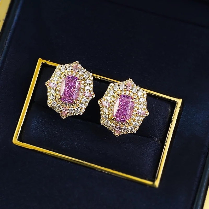 Romantic 925 Silver Big Carat Pink Tourmaline Ear Stud/Necklace/Ring Set 18K Yellow Gold Synthetic Gems Earring Pendant Jewelry