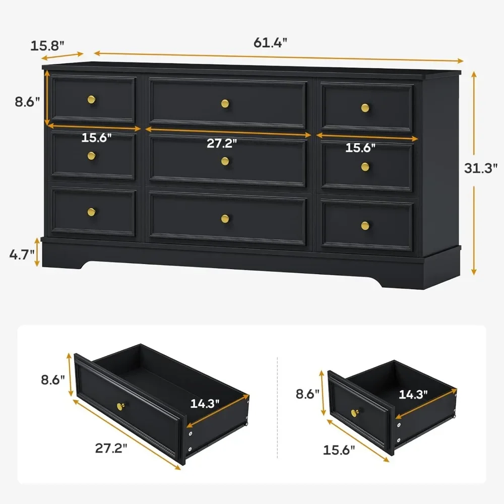 Large Dresser with 9 Drawers for Bedroom, 61.4'' Long Modern Chest of Drawers, Black Wide Dressers Clothes Closet,  Organizer