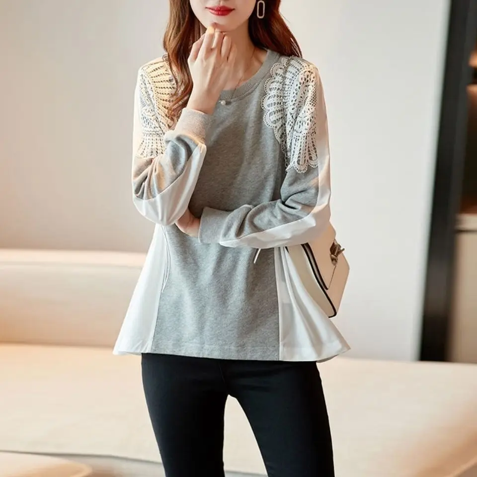 Simplicity Casual Sping Autumn T-Shirts Women\'s O-Neck Lace Patchwork Corset Korean Fashion Loose Long Sleeve Sweatshirts Tops