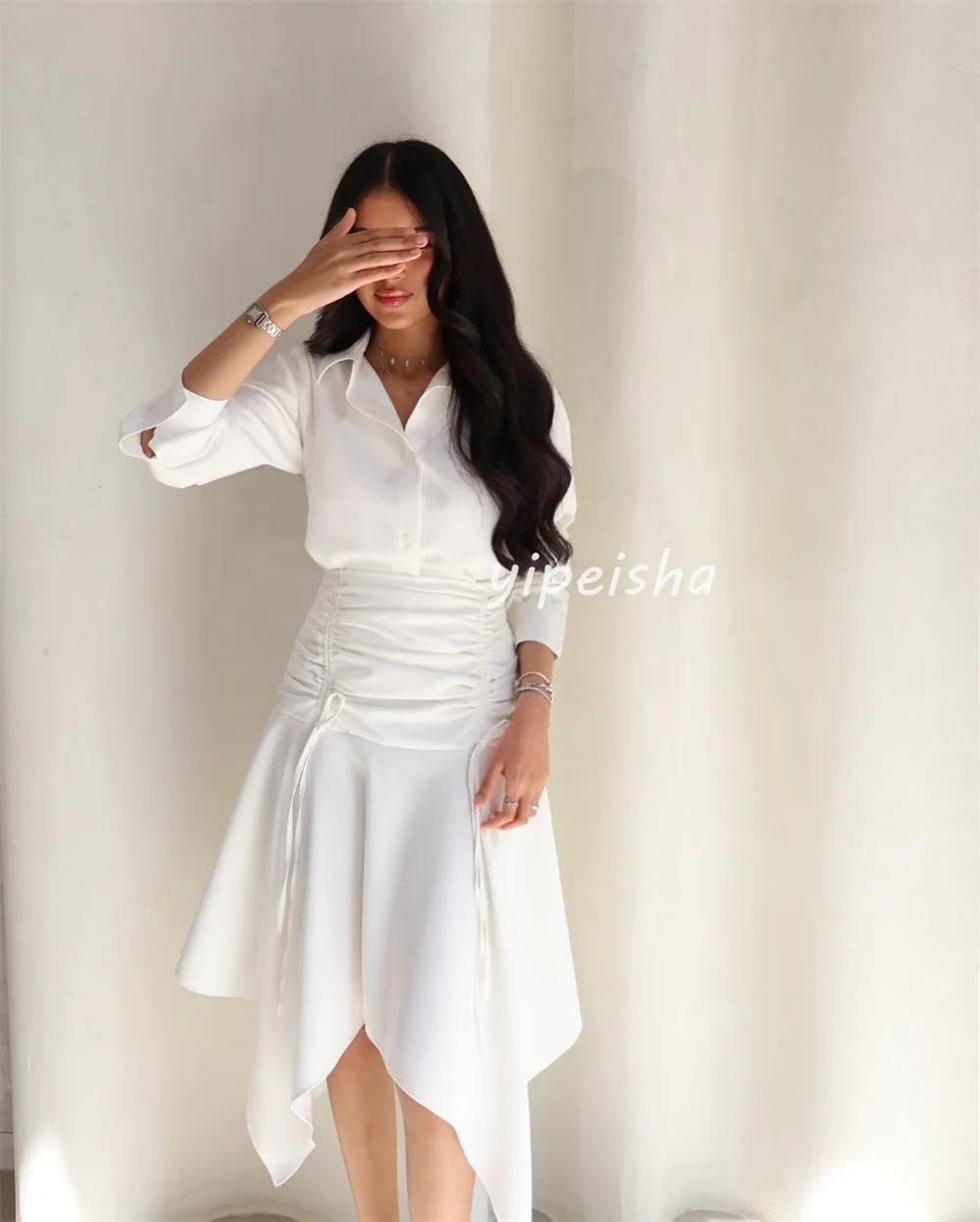 Moda formal personalizada jérsei plissado ruched drapeado a linha com decote em v vestidos midi sob medida vestidos de ocasião clássico de alta qualidade