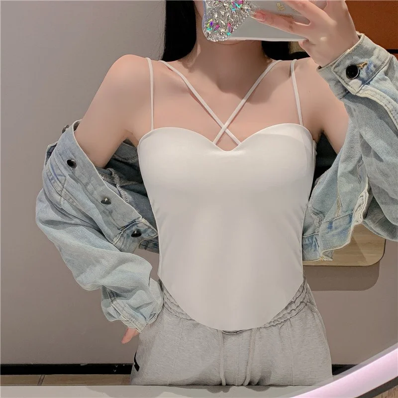 2023 Summer New Women's With chest pad Sexy Casual Cross sling Fashion Solid Color Hem Irregular backless Top V685