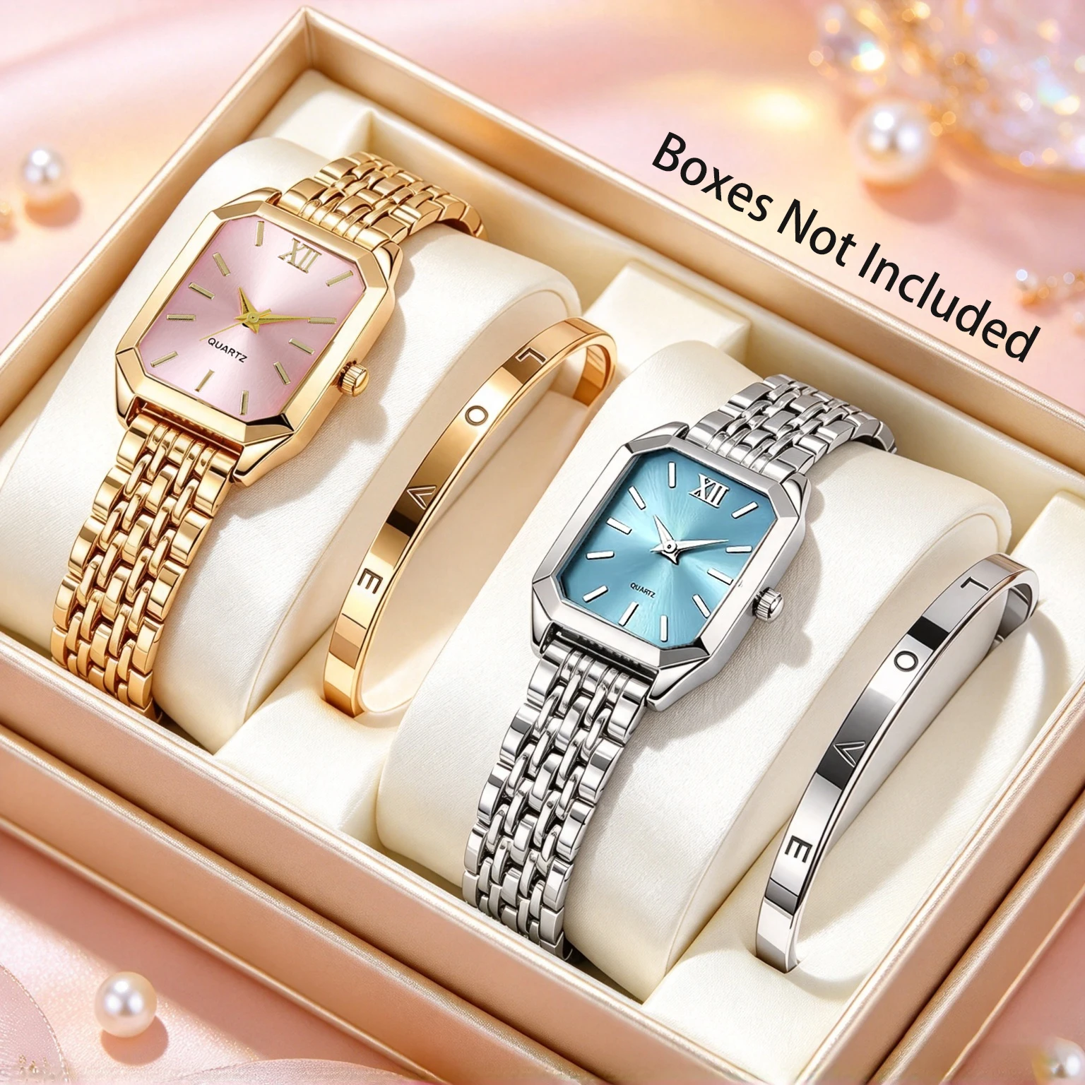 4pcs/set Fashionable and Elegant Women's Square Quartz Watch and Bracelet, with Durable Stainless Steel Strap (without Box)