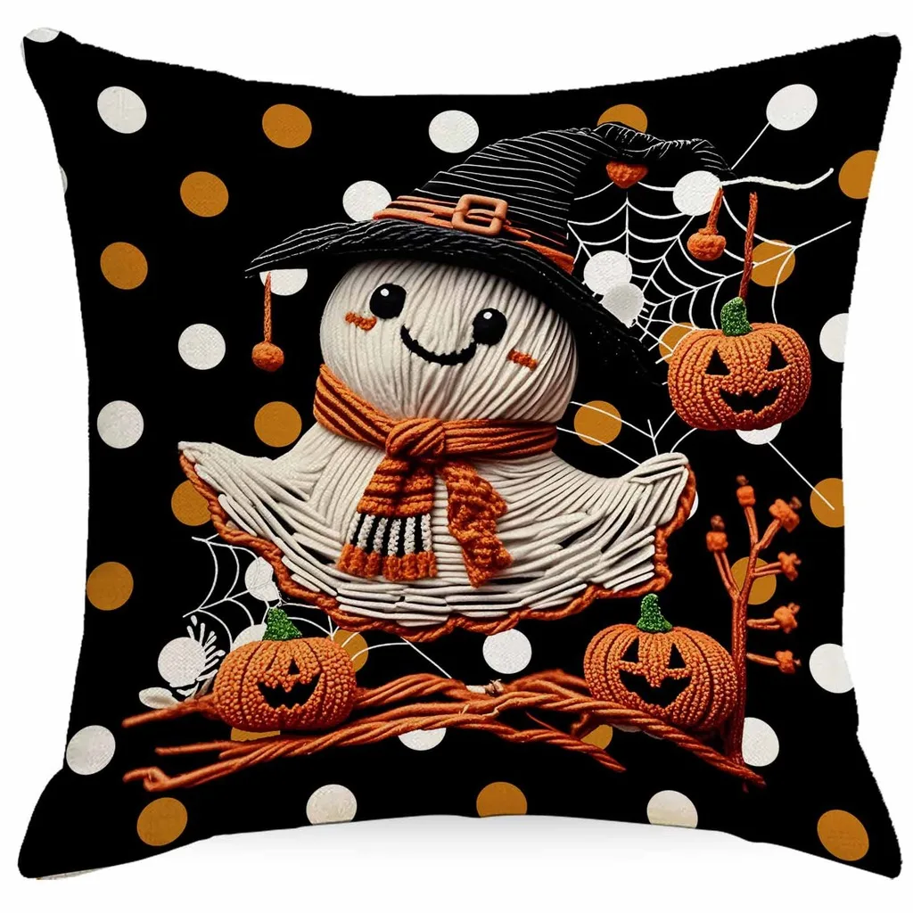 Halloween Throw Pillow Case Linen Faux Embroidery Ghost Cat Pumpkin Cushion Cover Spooky Party Farmhouse Home Decor
