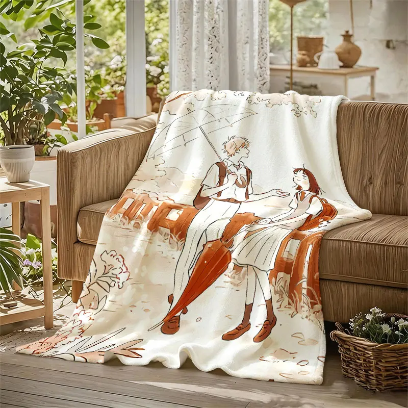 Anime Couple Sakura Umbrella Flannel Blanket Perfect for Sofa Office Bed Travel Sleep Read Relax Camping Four Season Use