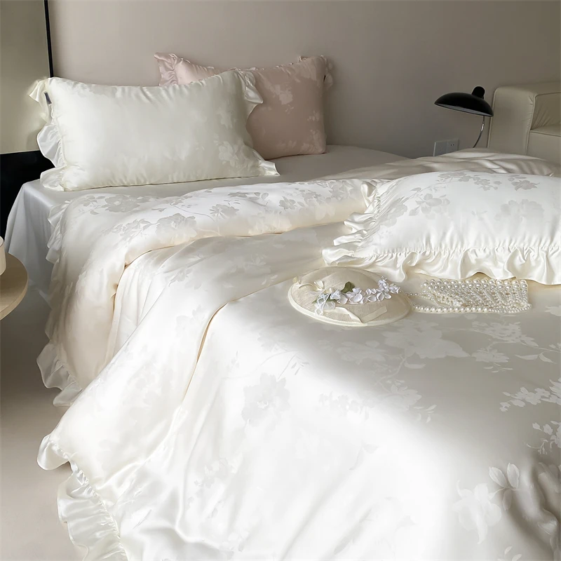 600TC Egyptian Cotton Flowers Jacquard Ruffles Luxury Bedding Set Duvet Cover Flat/Fitted Bed Sheet Pillowcases 4Pcs