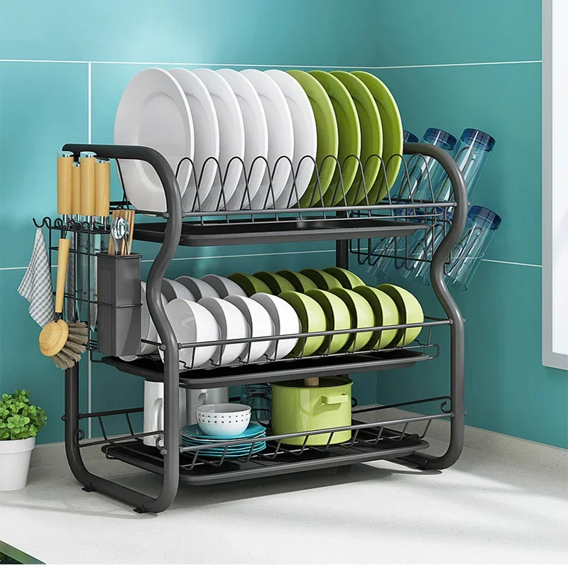 

Kitchen Bowl Dish Draining Rack 3 Tiers Plate Chopsticks Knife Water Cup Storage Rack Multifunctional Tableware Storage Shelf