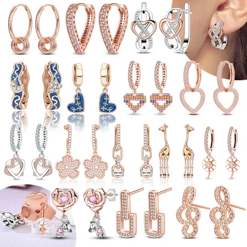 925 Silver Rose Gold Plated Huggie Hoop Earrings Set, Infinity Heart Moon Star Flower Jewelry Gifts for Women Girls