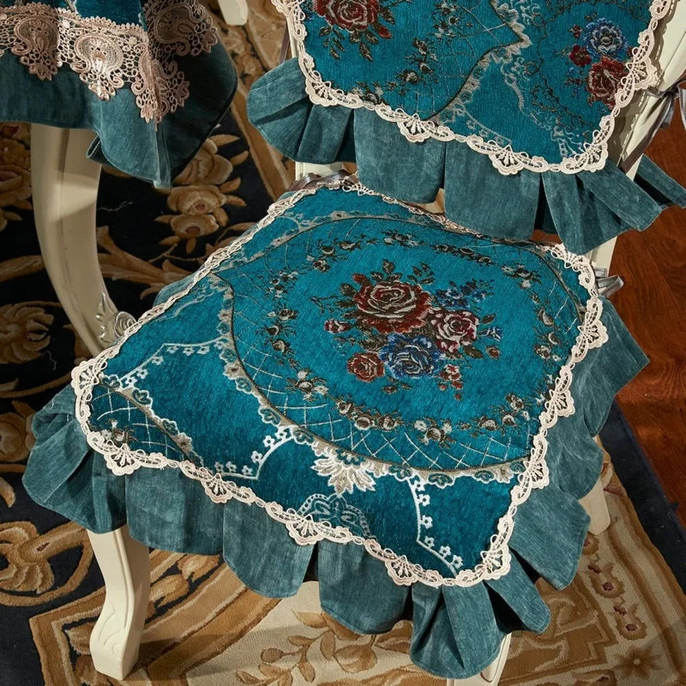 European Classical Upscale Blue Lace Tablecloth Royal Luxury Table Cloth Chair Cover for Weding Banquet Jacquard Table Cover