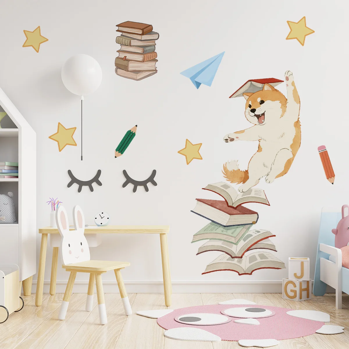 

Cartoon Shiba Inu Reading Wall Decals - Whimsical Bookworm Decor for Home & Library