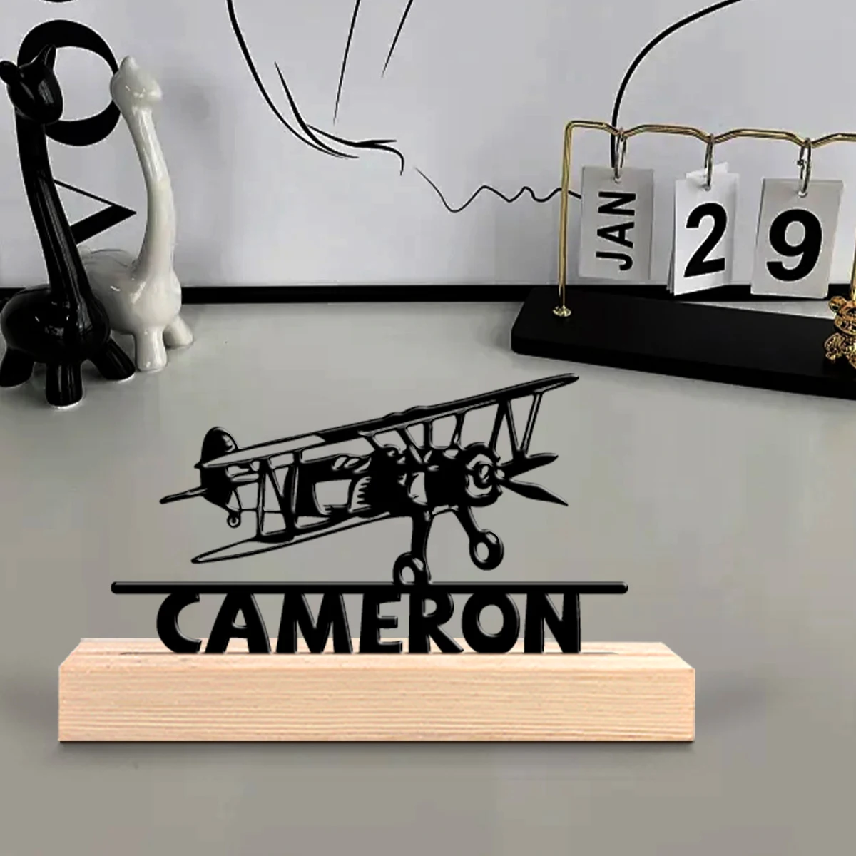 1Pc Csutom Name Jet Aircraft Wooden Base Metal Art Ornament,Home Office Hotel Cafe Club Decor,Ideal Gift for Family Friends view 3