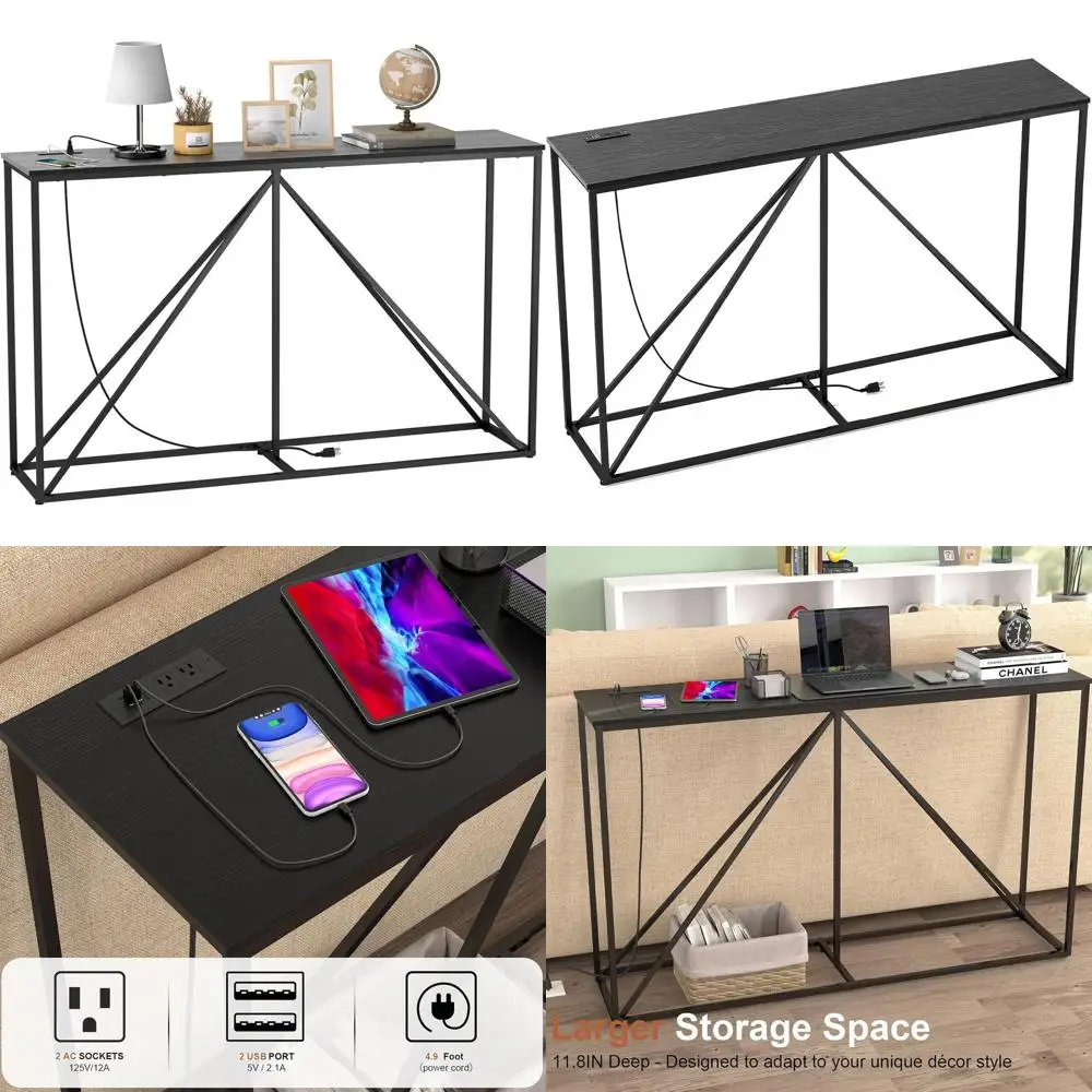 

Industrial Metal Console Table with Outlet & USB, 51W x 12D x 31.5H, Black Wooden Entryway Sofa Table