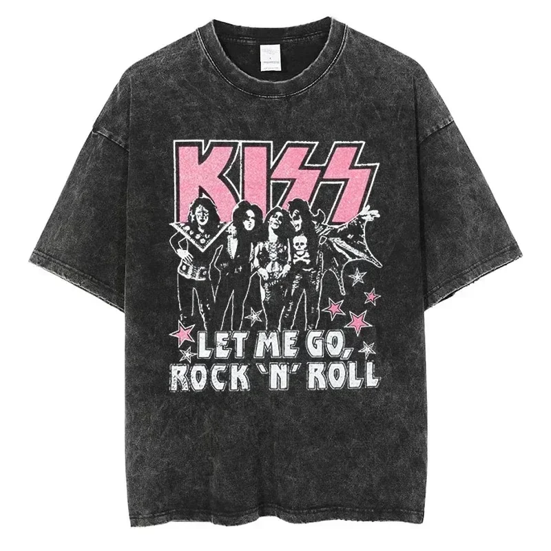 Rock Band KISS LET ME GO Graphic T-shirt High Quality Cotton Vintage Short Sleeve Tees Fashion Men Women Oversized Streetwear