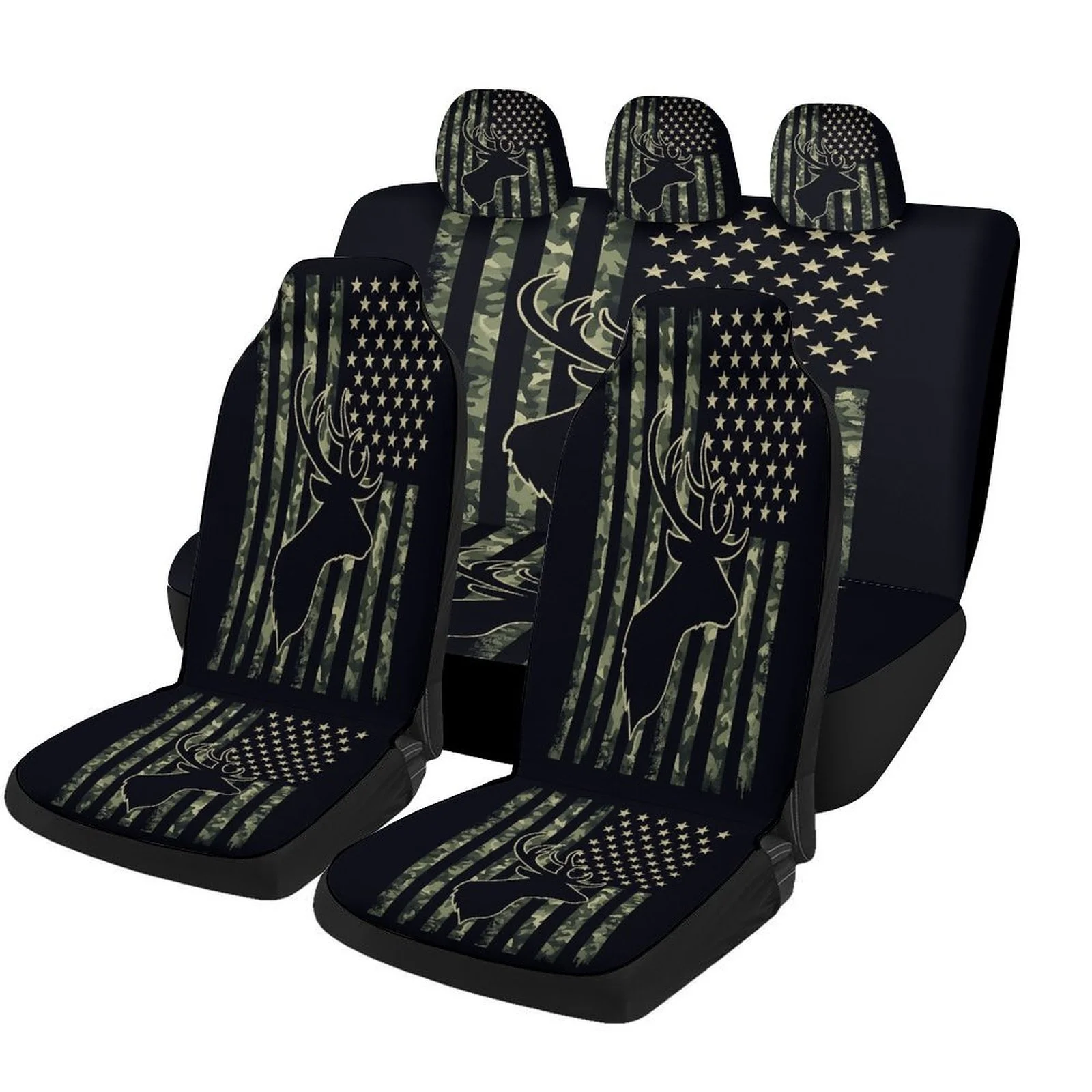 Deer Flag Camo Themed Car Seat Cover Set For Most Cars, Decorative Trendy High-quality Car Seat Protector Covers Full Set, Car