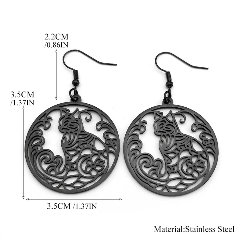 Hollow Cat Flower Of Life Pendant Earrings For Women Men Stainless Steel Gold Color Love Kitty Kawaii Dangle Earrings Jewelry