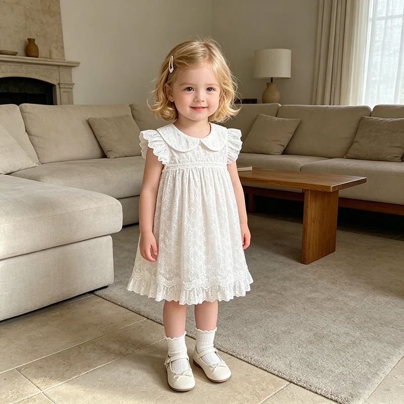 2026 New Summer 2-6Yrs Princess Lace Trim Dress Embroidery Baby Girl Dress Sleeveless Cotton Embroidery White Sweet Dress