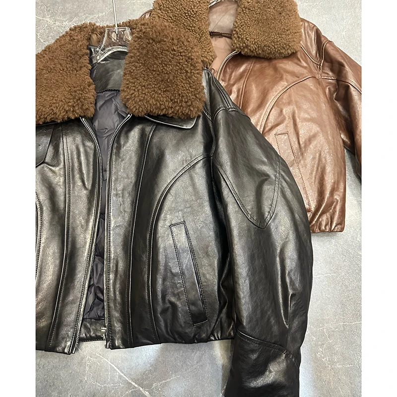 Winter donsjack dames geïmporteerd koud brouwen olie wax schapenvacht ganzendons jas wollen bontkraag rits losse korte gewatteerde jas