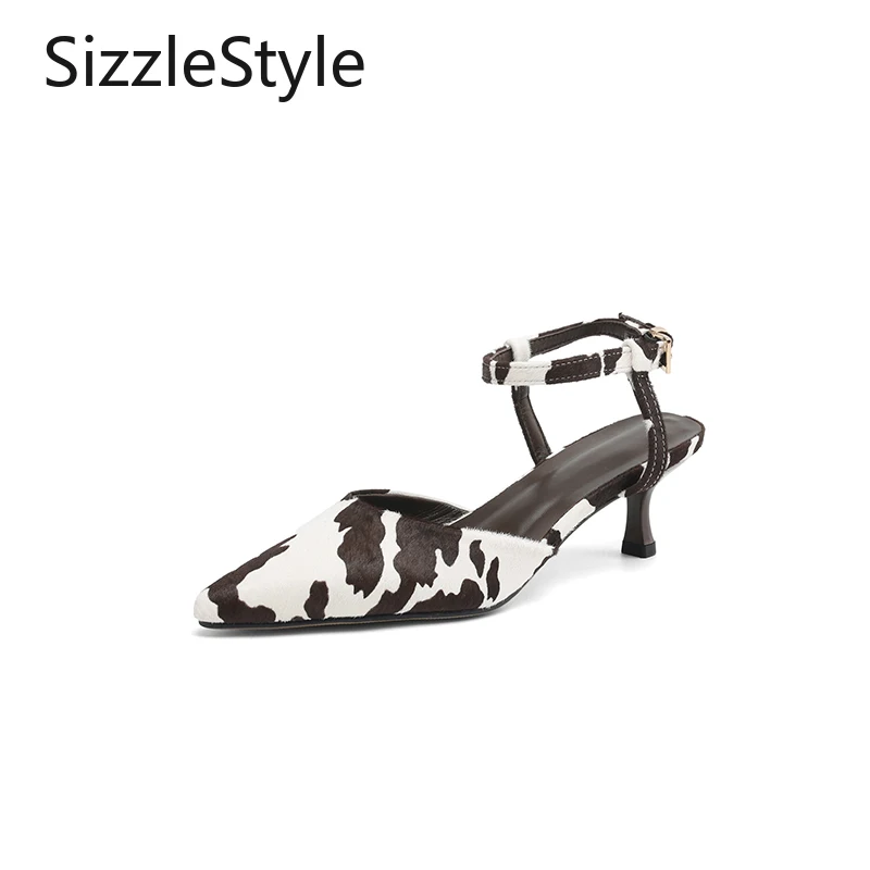 Sandalias de moda con diseño de vaca para mujer, pelo de caballo, punta estrecha, hebilla, tacón alto de aguja, correa en el tobillo hueca