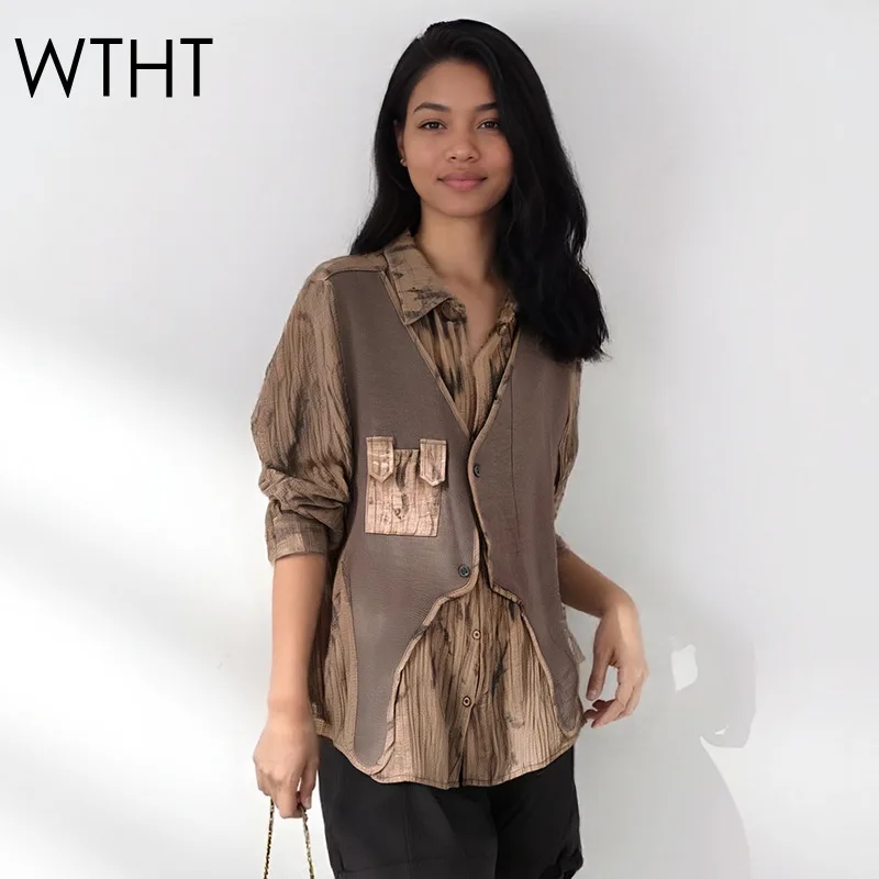 

WTHT модная женская лоскутная рубашка из двух предметов с нерегулярным принтом, осень 2021, модная блузка с длинными рукавами и лацканами, женская 1LS2313