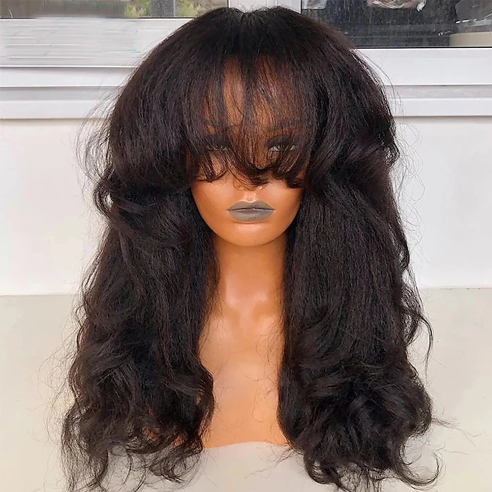 

Yaki Straight Lace Front Wigs With Bangs Firnge Synthetic Lace Front Fringe Wigs Heat Resistant Fiber Hair PrePlucked Hairline