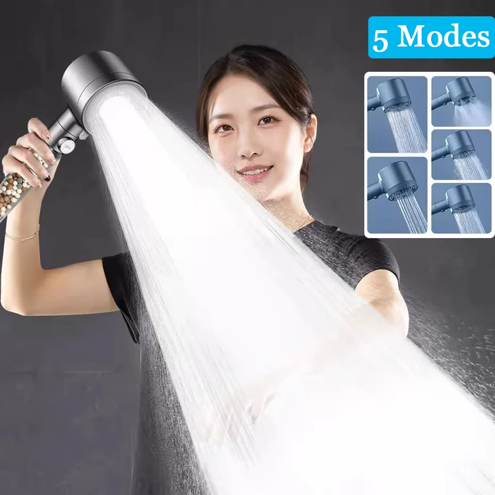New Booster Filtered Shower Head 5 Modes Adjustable High Pressure Water Saving Shower One-Key Stop Bathroom Handheld Showerhead