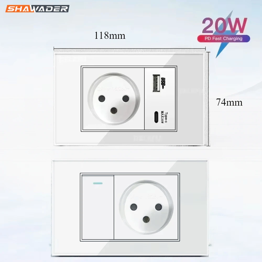 

Shawader Israel White Tempered Glass Standard USB Type C Fast Charge Wall Socket Light Switch Outlet Satellite TV Tel CAT5 CAT6