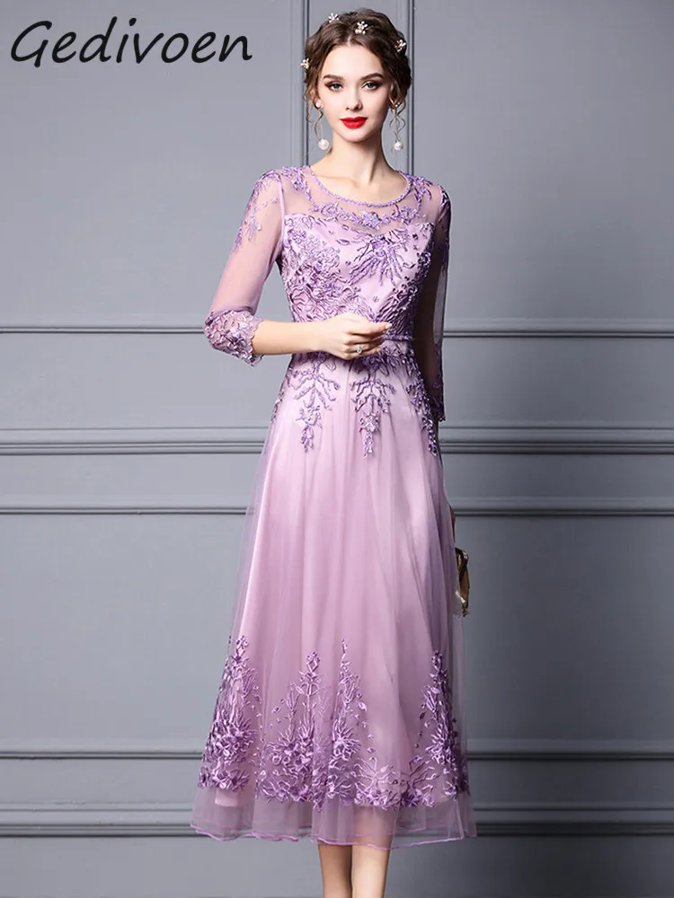 Gedivoen Summer Fashion Runway Elegant Purple Party Dress Women Three Quarter Sleeve Beading Diamond Embroidery Mesh Long Dress