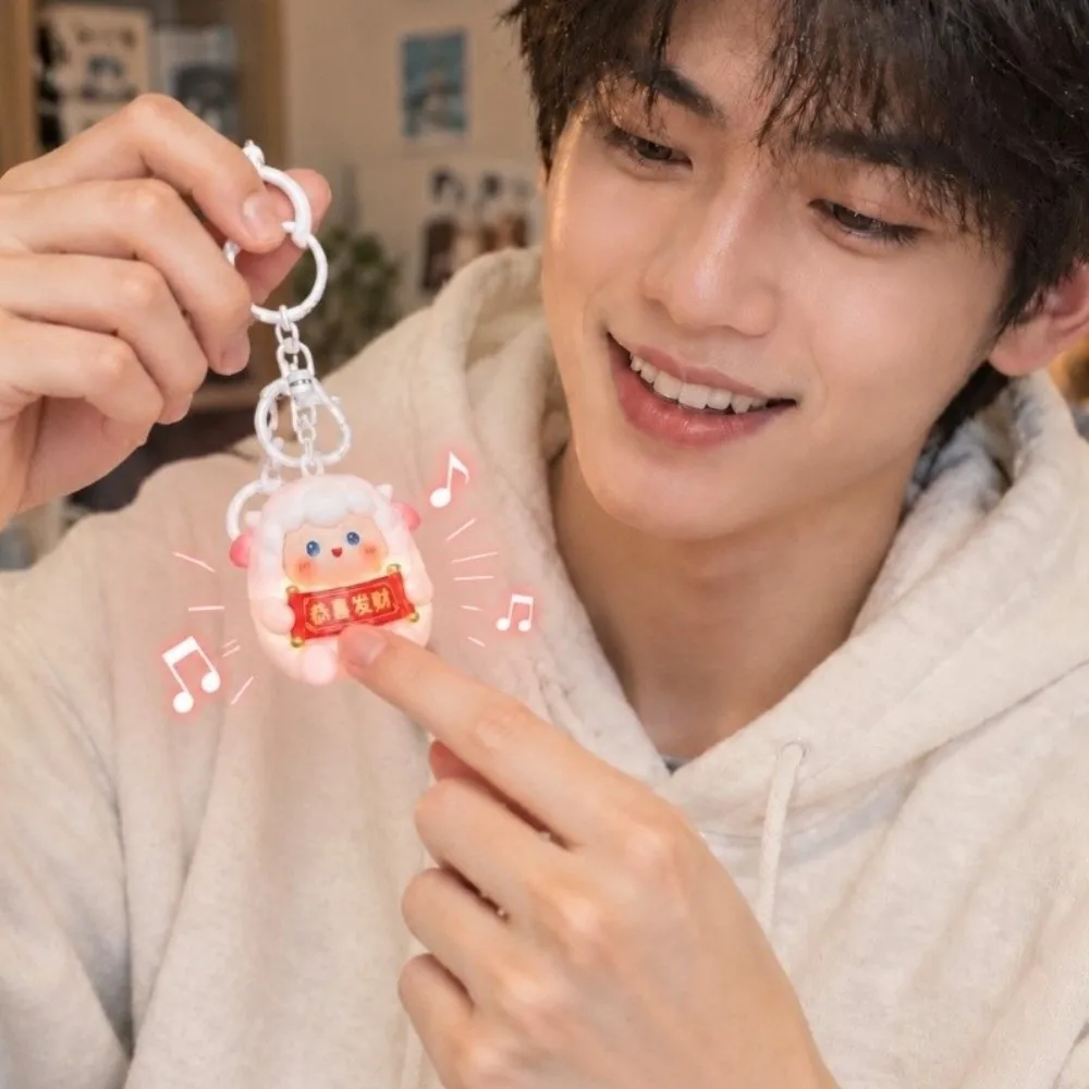 LED Light New Year Keychain Plastic Material Audio Sound Sounding Sheep Pendant Mini Size Cartoon Design Glowing Lamb Keyring