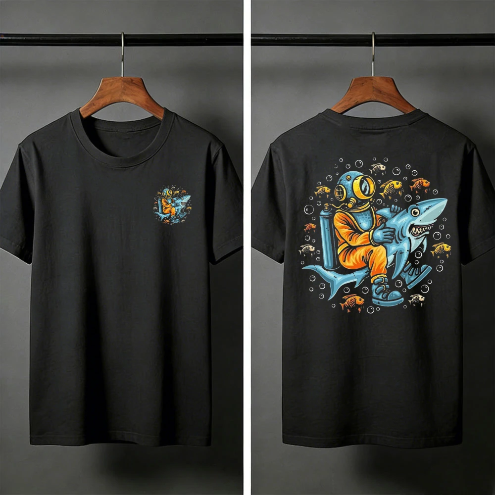 Shark Diver Ocean Creatures Summer Men T-Shirt Casual Graphic Design Clothes Tops for Beach Vacation Gift for Him Men Clothing